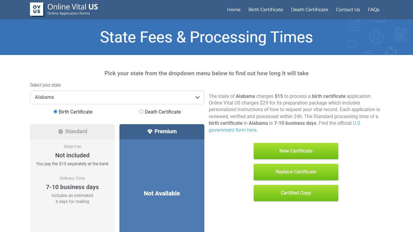 State Fees & Processing Times | Online Vital US